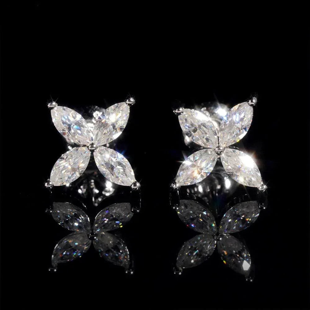 925 Silver Moissanite Look Floral Stud Earrings Unisex - CaratixJewelry
